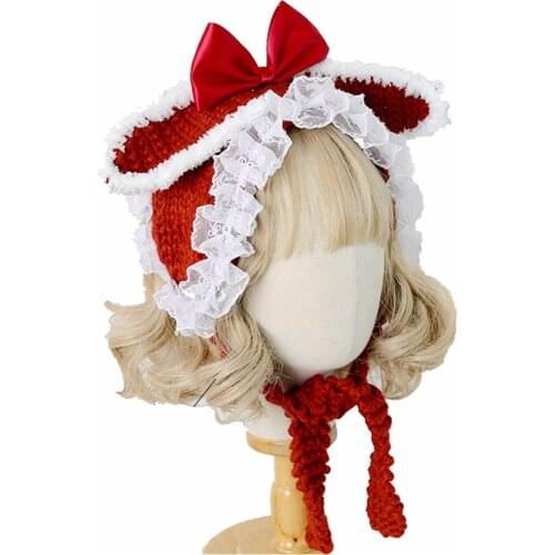 Lolita Girl Cute Big Bow Lace Trim Sweet Handmade Knitted Hat Mori Girl Warm Cap
