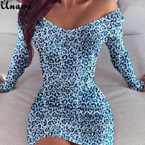 UNAIZA Female Casual Dress 2021 New Womens Sexy V-neck Leopard Print Slim Long Sleeve Hip Dress Hedging Fashion One-Step Skirt
