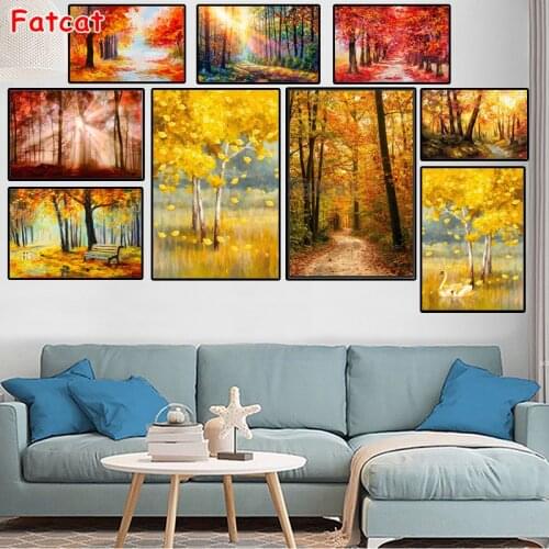 Full square, round diamond painting landscape forest Road fall tree diamond painting Mosaic rhinestone cross-stitch decor PP2611