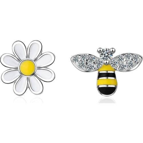 Sweet Cute Honey Bee Flower Daisy 925 Sterling Silver Earring For Women Asymmetric Cubic Zirconia Enamel Korean Jewelry Gifts