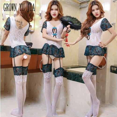 Sexy Women embroidered hollow out skirt stockings set porno cosplay dress garter lingerie Erotic mesh yarn Hot babydoll costume