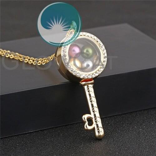 Rhinestone Round Key Glass Locket Necklace Beads Pearl Memory Photo Locket Pendant Gold Color Necklace