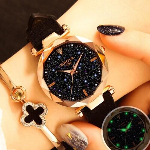 Luminous Brilliant Starry Sky Luxury Ladies Watches Female Quartz Clock Womens Fashion Dress Watch With Vintage Leather Band