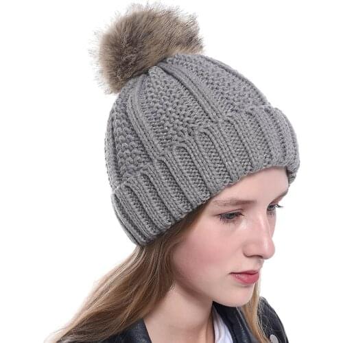 Thick Cable Knit Faux Fur Pom Pom Hat Skull Cap Cuff Beanie Autumn and winter Hat womens Winter Beanie Hat Warm Soft Ski Cap