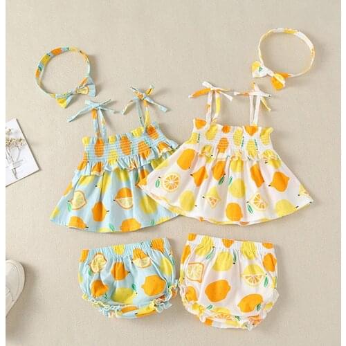 Newborn Infant Baby Girls Strap Lemon Print Tops PP Pants Hair Band Outfits Sets Infant Clothing For Baby Girls Clothes Set 2020