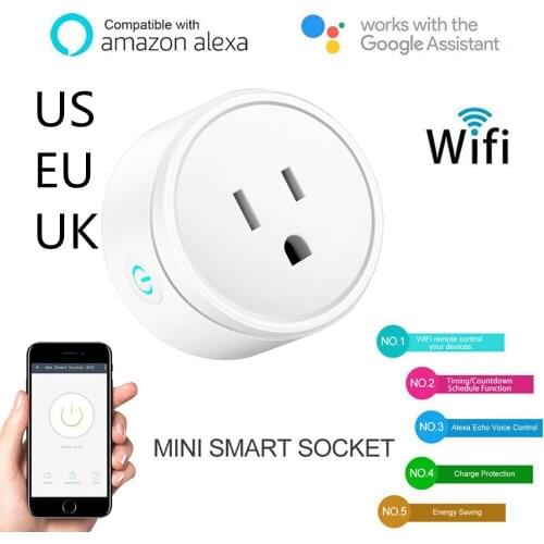 US/EU/UK Smart Mini Socket Plug WiFi Wireless Remote Socket Adaptor with Timer on / off Compatible with Alexa Google Home Voice