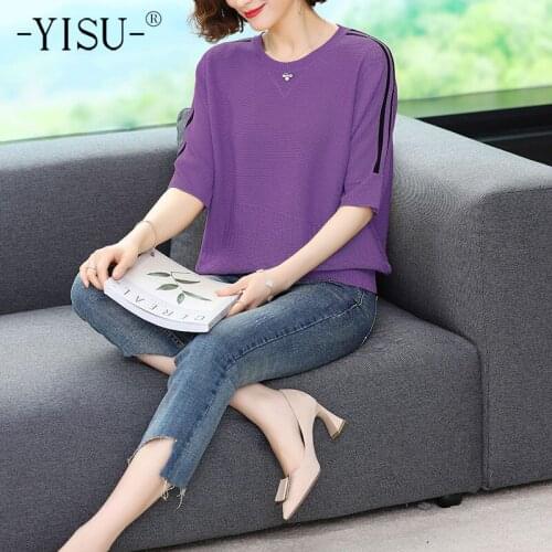 YISU 2021 Summer Sweater O-Neck Solid color Middle sleeve Jumper tops Thin Casual Knitted Pullover Woman clothing