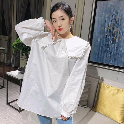 European Spring New College Style Navy Doll Collar Stitching Hollow Solid Color White Mid-length Blouses Shirts Women Fashion