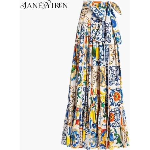 Janeyiren 2021 fashion designer beach long skirt Retro elegant blue and white porcelain print Maxi skirt for woman