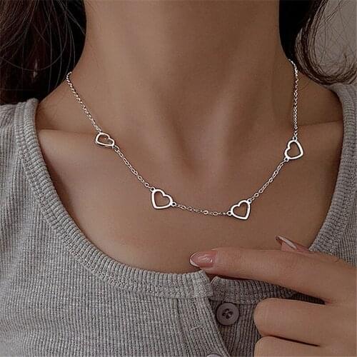 Kpop Heart Simple Pendant Necklace Punk Hollow Silver Color Statement Clavicle Chain Trendy Vintage Sweet Charm Choker For Women