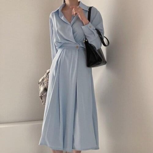 JSXDHK New Chic Designer Women Shirt Dress 2021 Fashion Summer Turn Down Collar Single Button Blue Office Ladies Wear Midi Dress