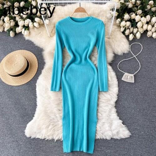 Women Autumn Knitted Dress Long Sleeve O Neck Elastic Slim Pencil Dress Korean Style Sexy Bodycon Split Sweater Dress