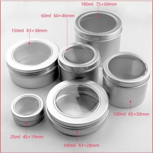25/60/100/150/180ml Aluminum Jar Container W Window Metal Display Tin f cream, sugar, storage, display, jewelry, glitters