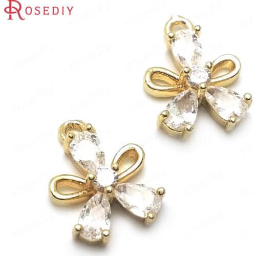 36435)6PCS 14x10MM 24K Champagne Gold Color Brass with Zircon Flower Shape Charms Pendants High Quality Diy Jewelry Findings
