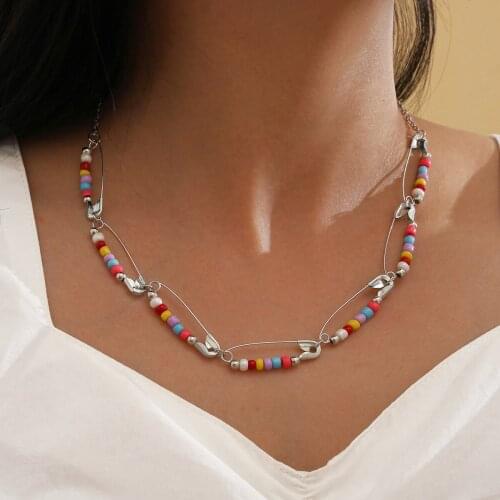 Punk Seed Beads Safety Pin Collar Chokers Harajuku Gothic Girls Statement Necklaces For Women Fashion Hip Hop Jewelry Colliers