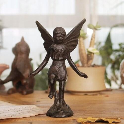 Vintage Black Cast Iron Angel Figurine European Home Garden Tabletop Decor Handmade Small Iron Metal Standing Fairy Statue