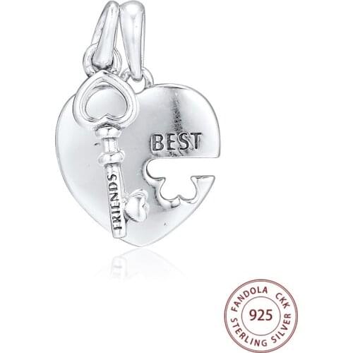 CKK Fit Pandora Bracelet 925 Sterling Silver Best Friends Heart & Key Pendant Beads Charms DIY Jewelry Making Accessories