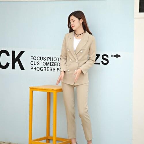 Women Pant Suits Double Breasted Blazer Suits Office Lady Sets Work Wear Set Long Sleeve Suit Jacket + Straight Pant Two-piece