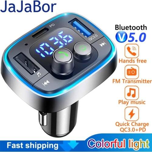JaJaBor FM Transmitter TF Card U Disk MP3 Player PD18W Type C QC3.0 USB Charger Handsfree Bluetooth-compatible 5.0 Car Kit