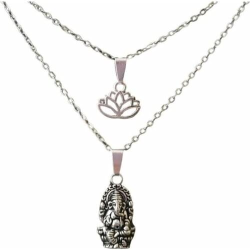 Gothic Elephant Ganesh Lotus Om Ohm Pendant Necklace Multilayer Women Yoga Hamsa Hand Choker Layered Necklaces Punk Jewelry Gift