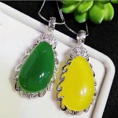 Chalcedony pendant necklace earrings three sets of yellow - green chalcedony s925 silver mosaic