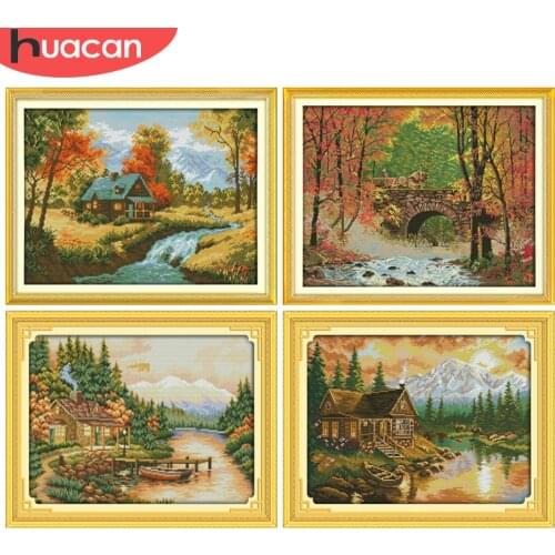 HUACAN Cross Stitch House Landscape Kits 14ct 11ct White Canvas Set DIY Embroidery Sunset Autumn Needlework Gift