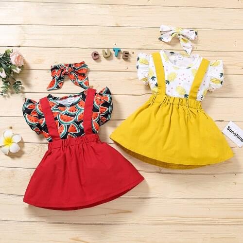 Newborn Baby Girls Clothes Sets Sweet Fruit Print Short Sleeve + Suspender Skirt + Bow Headband Print for Summer 2021