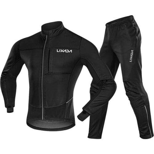 Lixada Men Waterproof Windproof Cycling Jacket Set Winter Cycling Jersey Thermal Fleece Long Sleeve Jacket with Pants 2021 New