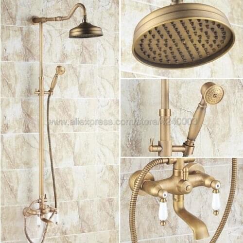 Antique Brass 8 inch Shower Head Bathroom Shower Faucet Sets Double Handles Mixer Tap with Tub Spout Krs115