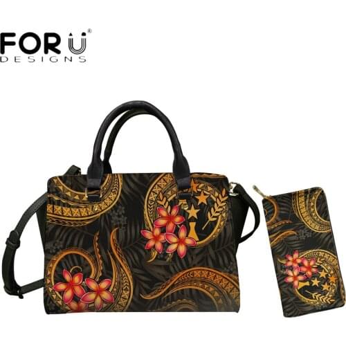 FORUDESIGNS New Trend Women Pu Totes Bags And Purse Set Kosrae Micronesian Plumeria Flower Prined Leather Casual Shoulder Sac