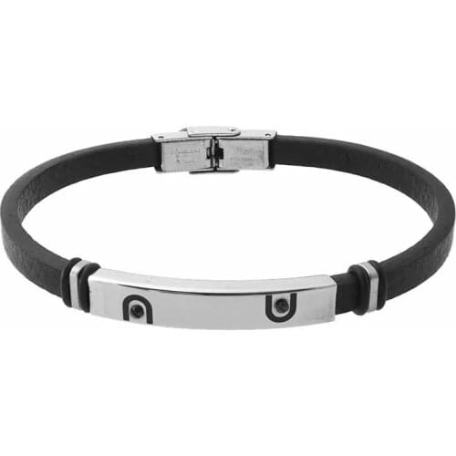 Runda Mens Genuine Leather Fashion IP Black Bracelet Stainless Steel and CZ Stone Wristband Jewelry