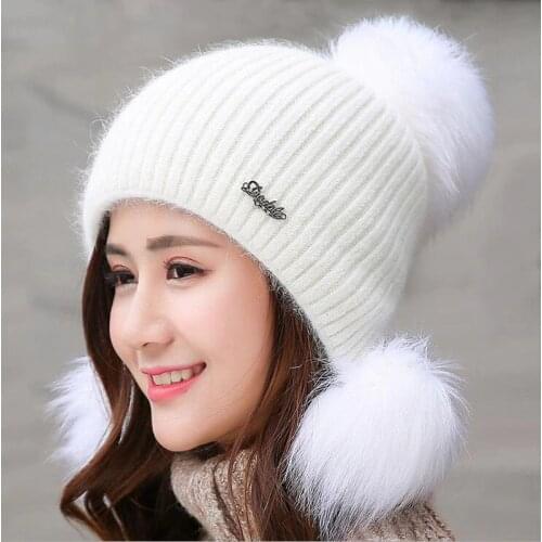 Keep Warm Winter Hat Beanies Fur Rabbit Knitted Hat The Female Thickening Ski Hat Beanies Hats For Women Girl 'S Cap
