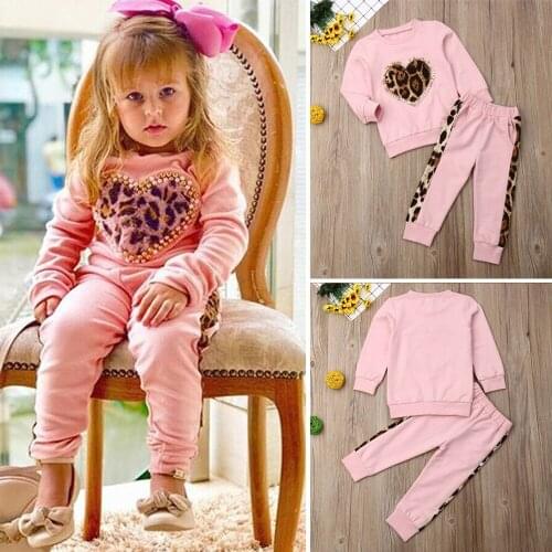 Europe And America Hot New Item Heart Type Leopard Print Printed Jacket Trendy Hoodie Long Pants Childrens Two-Piece Suits