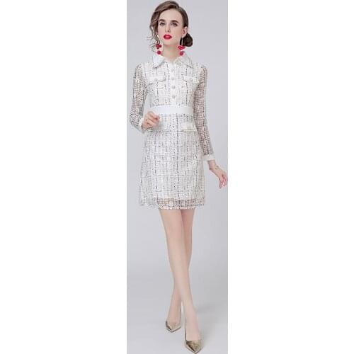 Spring and Autumn Womens Clothing New Lapel and Waist Tight Mesh Hollow Lace Printed Mid-Length Long-Sleeved Dress