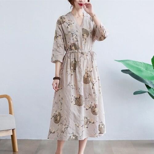 Cotton Linen Vintage Dress 2021 New Arrival Thin Soft Print Floral Loose Women Casual Dress Draw String Office Lady Work Dress