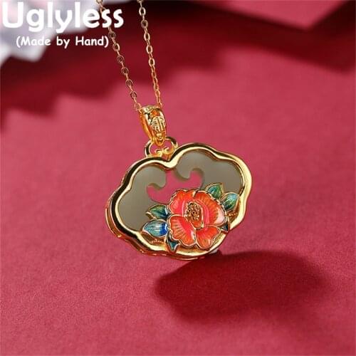 Uglyless Jade Ruyi=As you Wish GOOD LUCK Gifts Fine Jewelry for Women Hollow Abstract Heart Pendant +Chain Real 925 Silver P1012