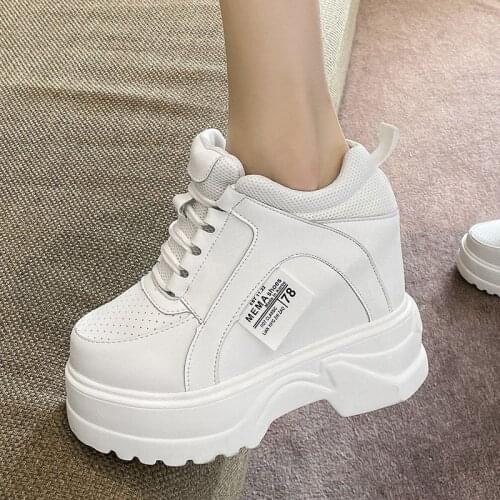 2021 Women High Platform Shoes Autumn Breathable Leather Casual Shoes Height Increasing Shoes 12 CM Thick Sole Ladies Sneakers