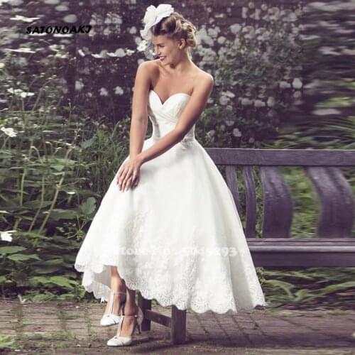 Elegant Sweetheart Tea Length Wedding Dress 2020 for Women Country Lace Bridal Gown With Jacket Vestido De Novia Online Shop