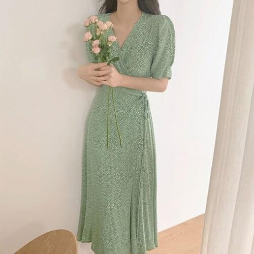 New 2021 Women Summer Dress High Waist Printed Floral V-Neck Vintage One Piece Lace Up Elegant Lady Long Dress