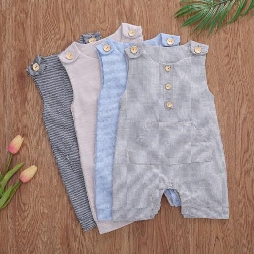 2020 Baby Summer Clothing Newborn Baby Boys Buttons Striped Romper Fashion Sleeveless Romper Cotton Linen Jumpsuit