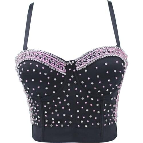 2021 New Women Camisole Pink Bright Diamond Beaded Luxury Backless Sexy Crop Top Push Up Bustier Bra Night Club Party Tank Tops