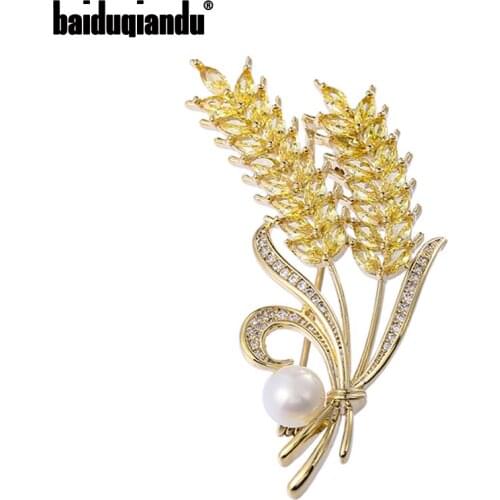 Baiduqiandu Cubic Zircon Wheat Brooches For Women Unisex Pearl Yellow Wheat Flower Party Office Brooch Pins Gifts