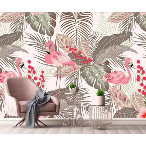 Customized large-scale 3D mural wallpaper Nordic simple small fresh flamingo tropical leaves TV background wall