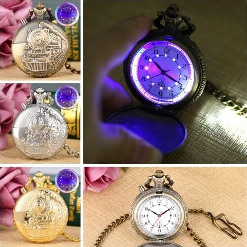 Luminous Vintage Dial Quartz Pocket Watch Chain Bronze Carved Steam Train Steampunk Motor Railway Retro FOB Clock