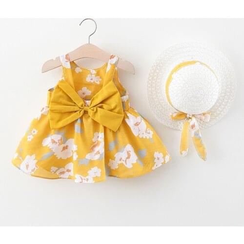 Baby Dress Flower Print Dresses Sleeveless Kids Girls Summer Dress Princess Children Party Ball Pageant Dress Outfit Send Hat