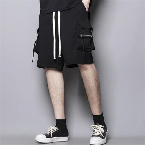 Summer dark black fashion tether pants zipper pocket overalls elastic waist casual pants mens trend