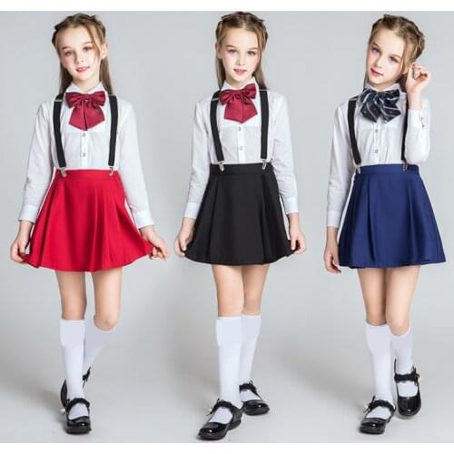 4 pieces Suits Childrens costumes girls suits School costumes performance Students uniforms Autumn white blouses skirt overalls
