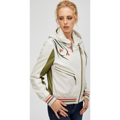 Beige Hooded Womens Genuine Leather Jacket