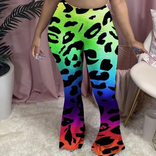 Print Cotton Elastic Wide Leg Flare Pants Women Leggings High Waist Ruffle Bell Bottom Trousers Casual Joggers Women Sweatpants