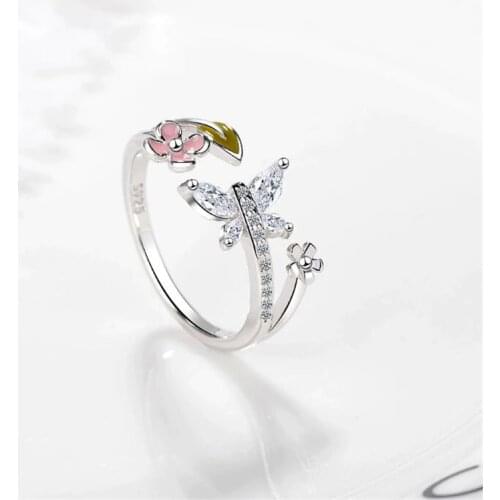 New Crative Beautiful Flash Dragonfly 925 Sterling Silver Jewelry Personality Flower Leaf Crystal Popular Opening Rings SR442